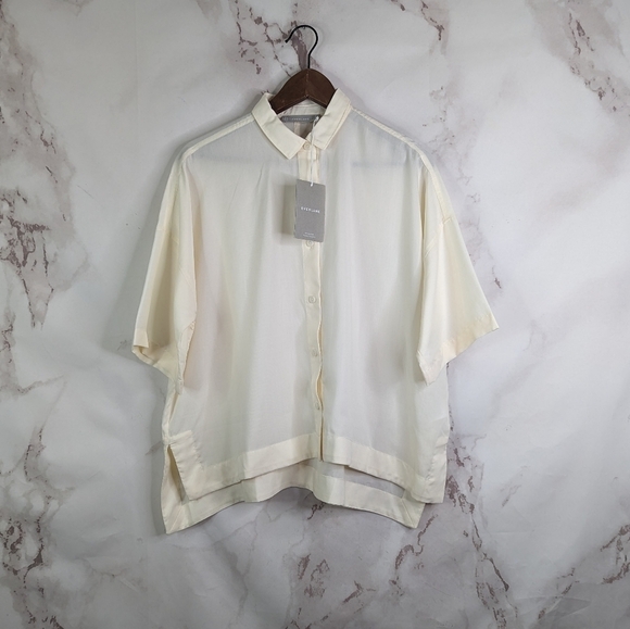 Everlane Shirt Women Small Drapey Square Sandstone Button Short Sleeve Cream - Picture 1 of 16